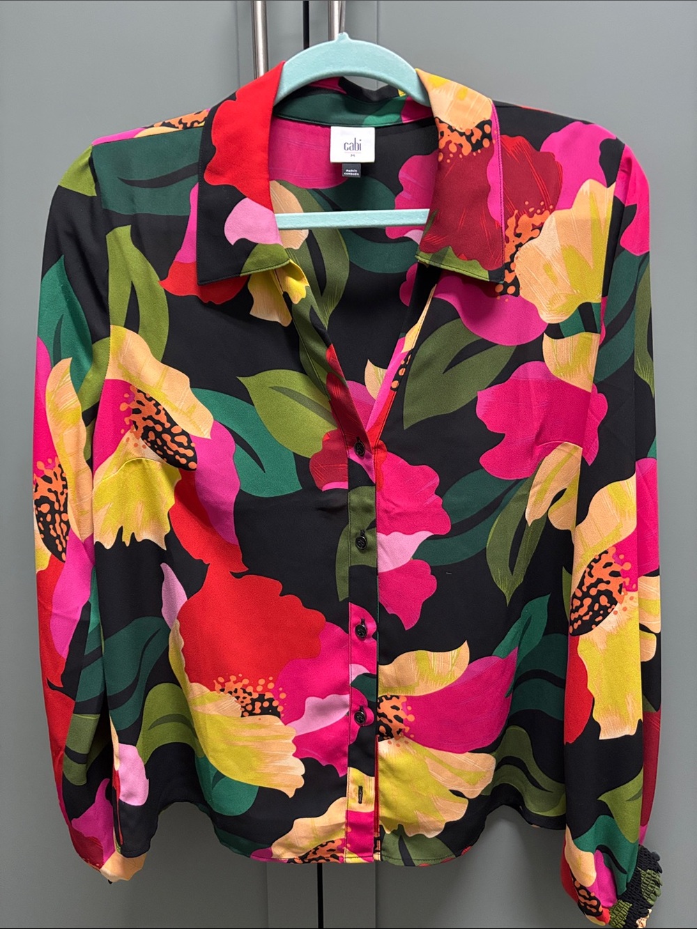 CAbi Black Floral Button-Down Shirt with Pink, Red & Yellow Blooms